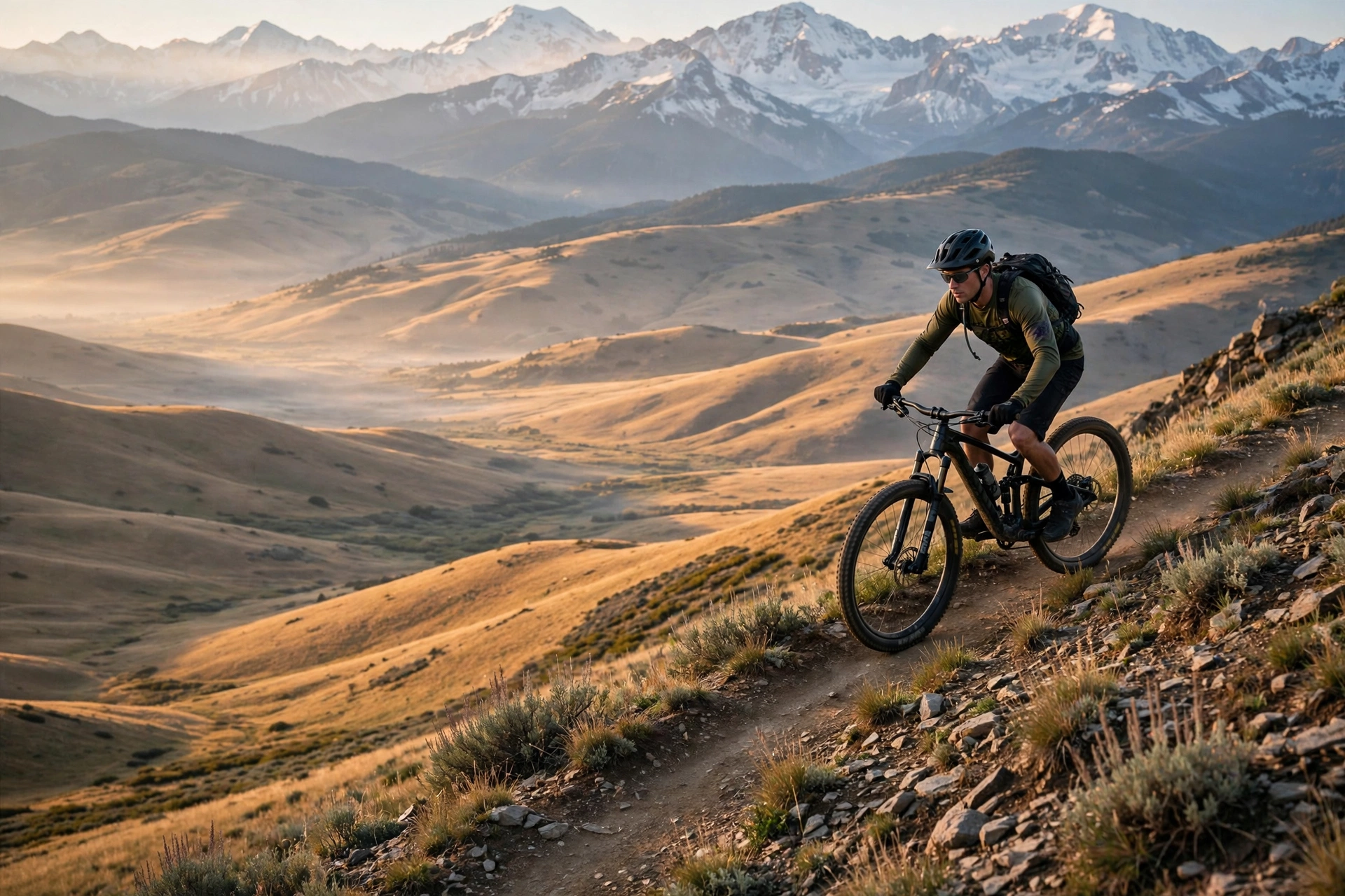 Rider on a ridgeline trail above golden foothills